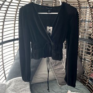 Sincerely Jules Long Sleeve Faux Wrap Tie Front Plisse Top, Black, Size S